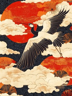 丹顶鹤翔于红日云海间
