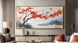 中式客厅里的枫叶飞鸟挂画