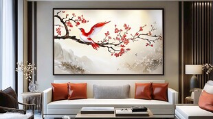 中式客厅中的红梅飞鸟挂画
