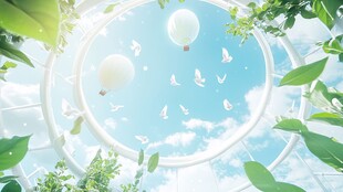 梦幻天空下的气球与飞鸟