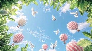 梦幻蓝天中气球白鸽与绿叶