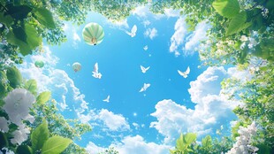 梦幻绿野中的天空与飞鸟