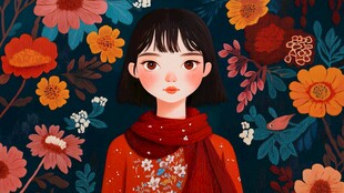 红衣少女置身繁花世界