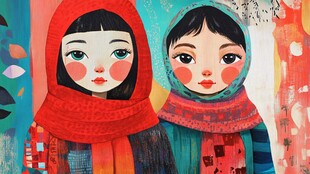 两个戴围巾的可爱女孩