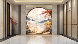 中式玄关圆形山水装饰画