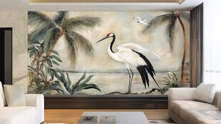 客厅中式风仙鹤壁画装饰