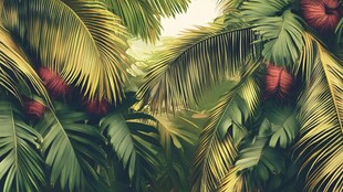 热带棕榈叶与红果景观