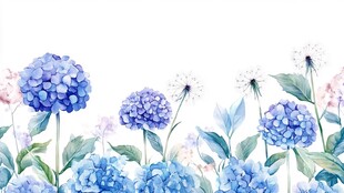 蓝色绣球花水彩花卉边饰