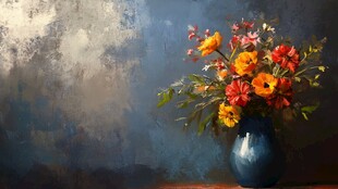 蓝瓶中的多彩花卉静物