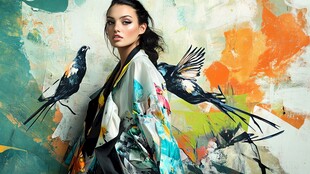 彩绘背景下的时尚女子与飞鸟