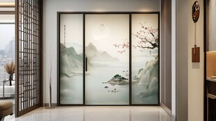 中式山水意境玻璃移门