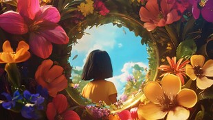 女孩透过花环望向蓝天