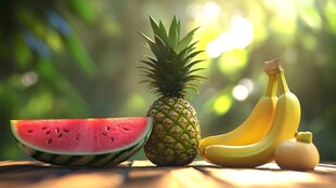 缤纷水果摆放在木桌上