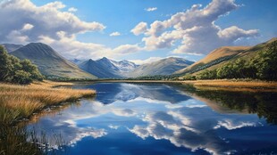 宁静湖山景 映于澄澈湖面