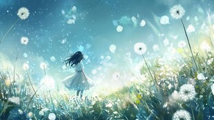 梦幻少女漫步蒲公英花海