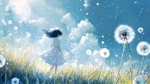 女孩漫步于蒲公英花海中