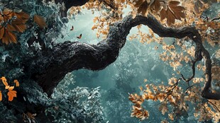 秋意古树间 蝶舞光影中