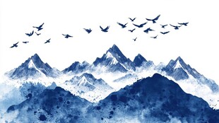 水墨群山飞鸟诗意景象