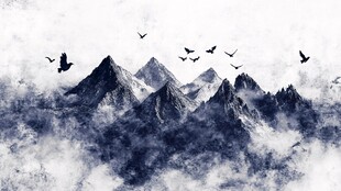 水墨群山飞鸟意境图
