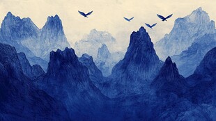 群鸟翔于山峦间壮丽景象