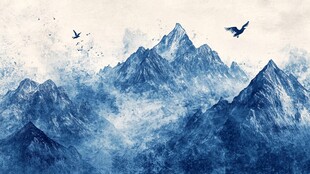 水墨山川飞鸟意境图