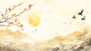 秋日山水飞鸟写意图景