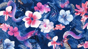 蓝底花卉与蛇的奇幻图案