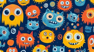 可爱多彩小怪兽无缝图案