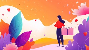 女孩手持礼盒置身浪漫花海