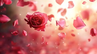 浪漫红玫瑰花瓣纷飞场景