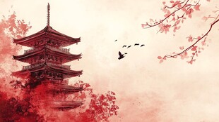 古风塔楼与烂漫樱花景致