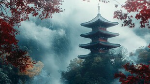 云雾中的日式红叶宝塔