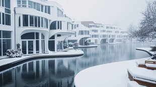冬日雪覆水边现代建筑群