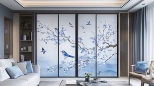 中式花鸟风客厅移门装饰