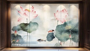 中式荷花锦鲤背景墙装饰