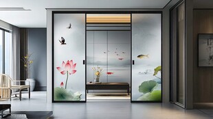 中式荷花鱼纹玻璃隔断门