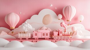 梦幻粉色系童话火车场景