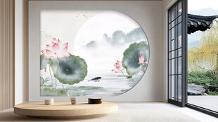 中式水墨荷花背景墙装饰