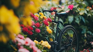 花丛中的复古自行车