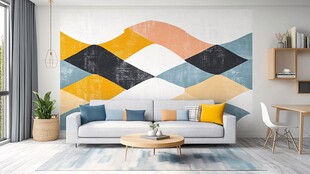 多彩几何风客厅沙发背景墙
