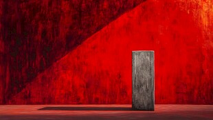 红色背景中的孤独木门