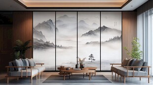 中式客厅水墨山水屏风美