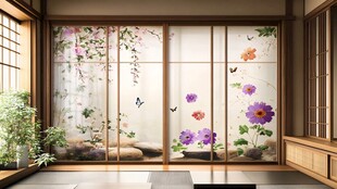 日式和风花卉移门室内景