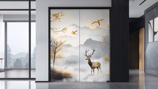 中式玄关壁画 鹿鸟山水景