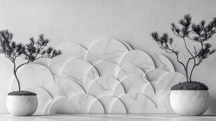 中式盆栽与几何背景装饰