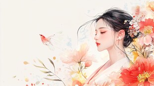 古风佳人伴繁花与蝶舞