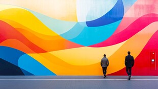 色彩斑斓墙前的两人漫步