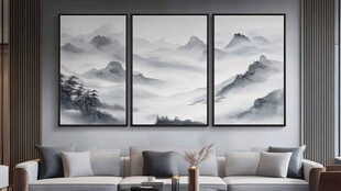 新中式客厅三联山水装饰画