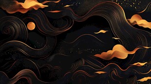 梦幻黑金中式云月背景图