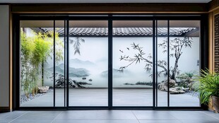 中式庭院玻璃门景致